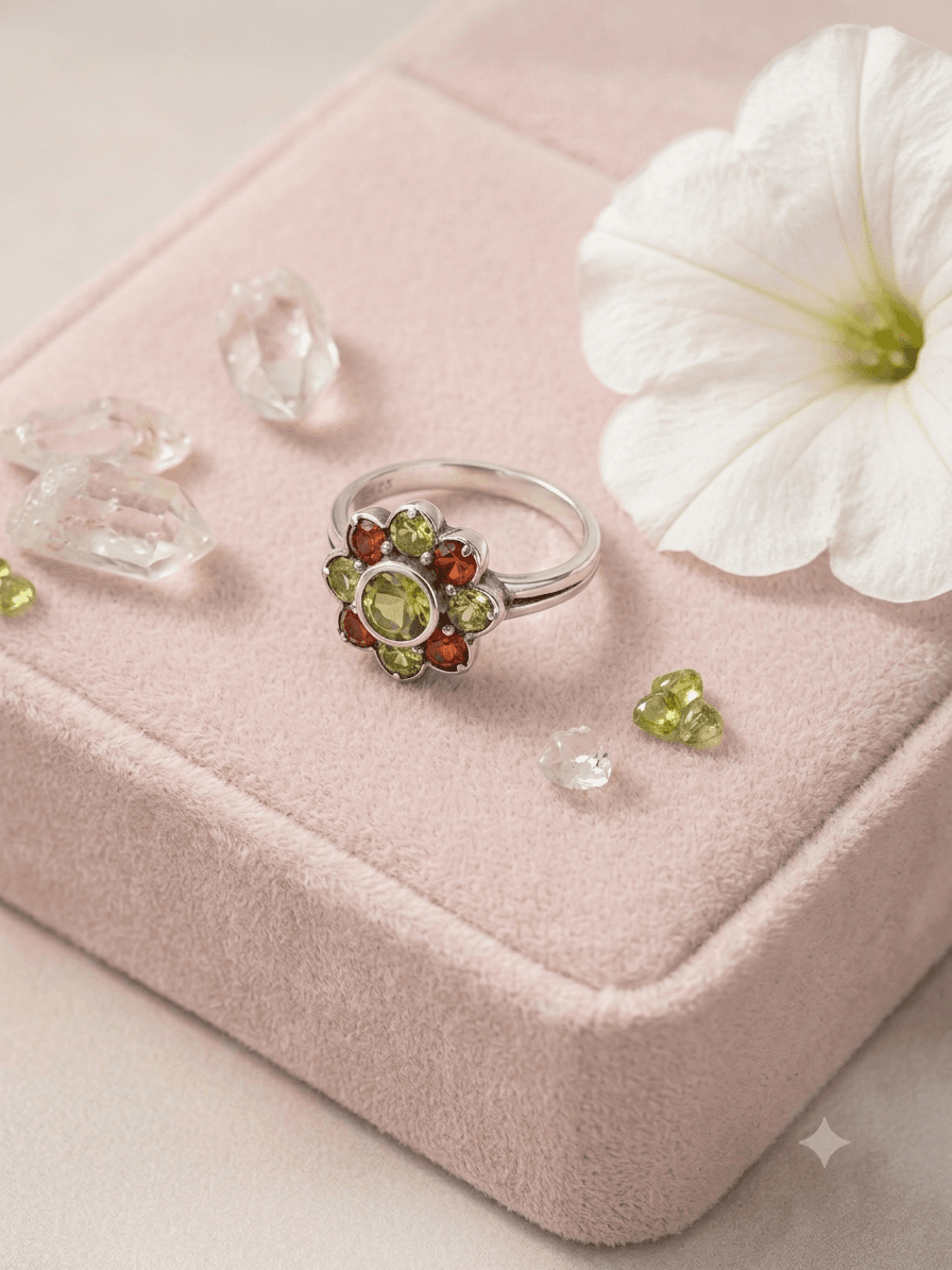 Vintage Floral Peridot & Garnet Cluster Ring in 925 Sterling Silver